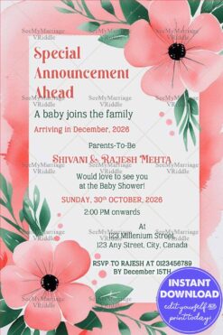 Pink Flower Theme Pregnancy Announcement Card with Pastel Floral Baby Arrival Invite