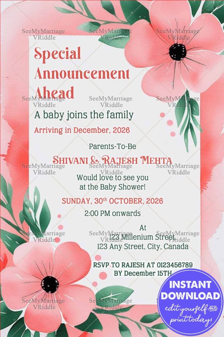Pink Flower Theme Pregnancy Announcement Card with Pastel Floral Baby Arrival Invite