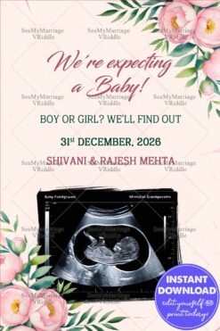 Soft Pink Sonogram Pregnancy Announcement with Add Photo, Photo and Peony Flowers