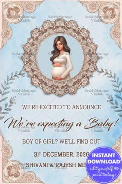 Mandala and Blue Theme Pregnancy Announcement with Add Photo and Floral Accents