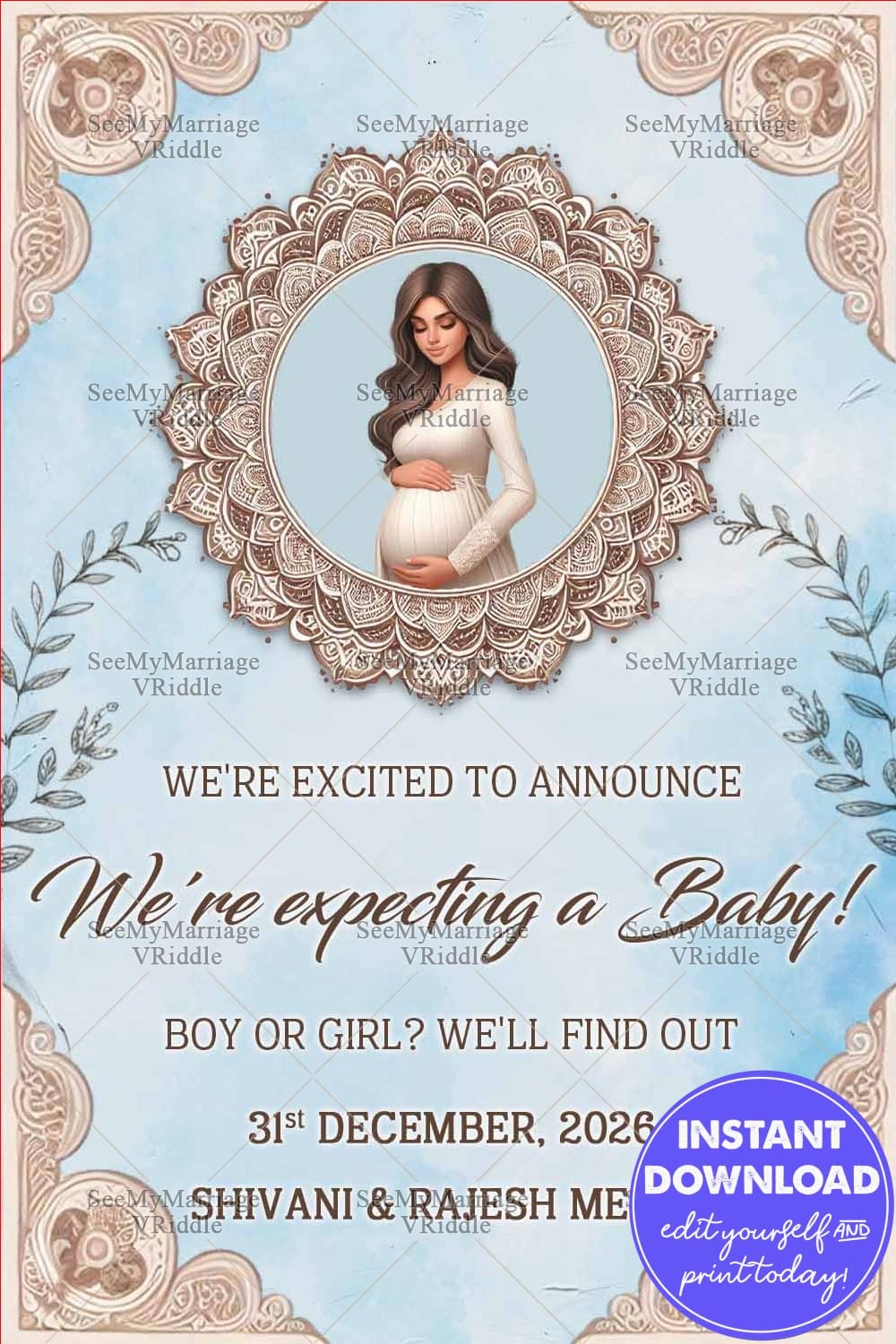 Mandala and Blue Theme Pregnancy Announcement with Add Photo and Floral Accents