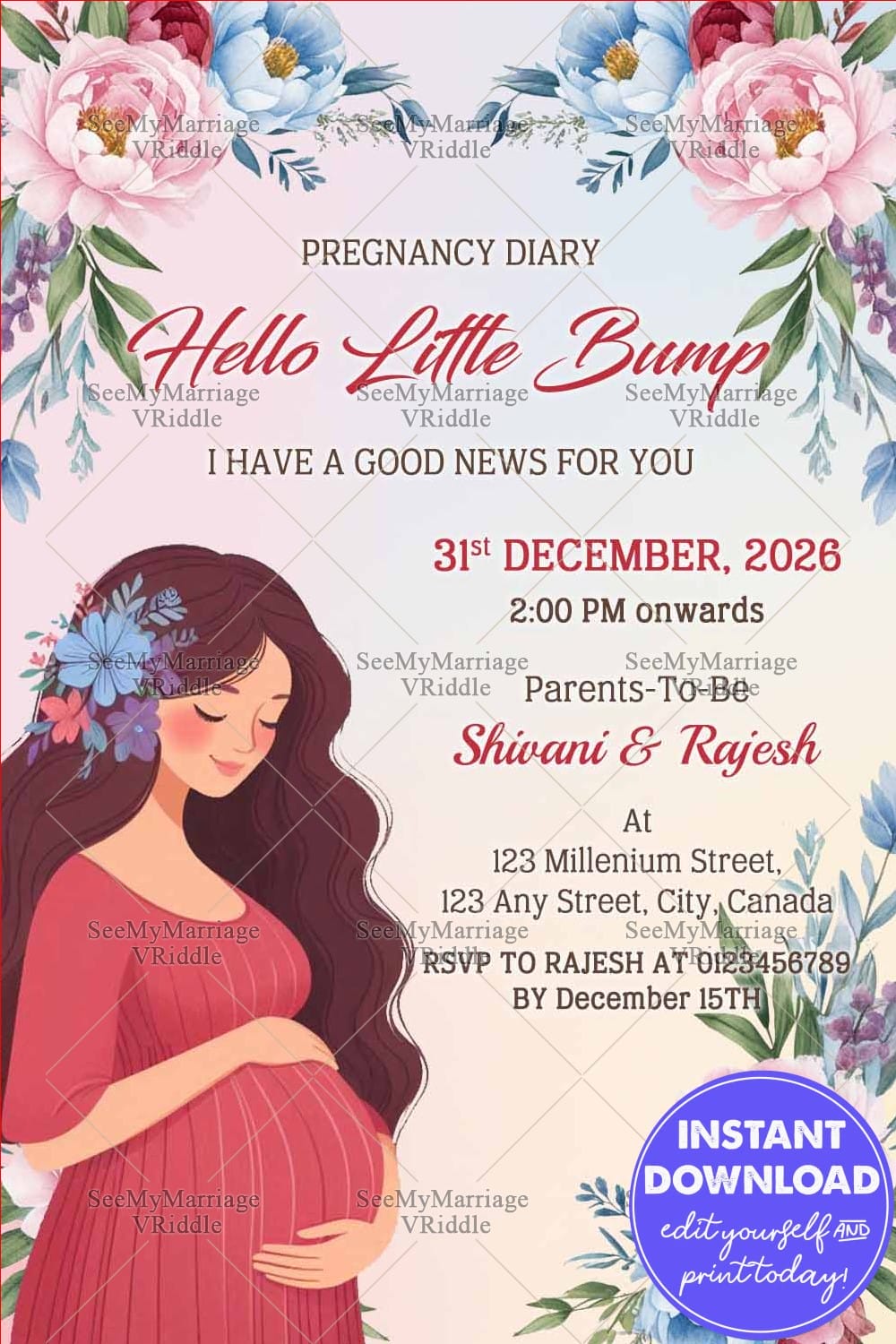 Bump Baby Pregnancy Announcement with Mom Illustration, Pink and Blue Flower