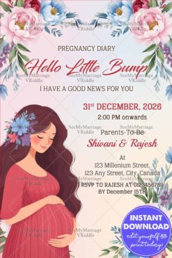 Bump Baby Pregnancy Announcement with Mom Illustration, Pink and Blue Flower