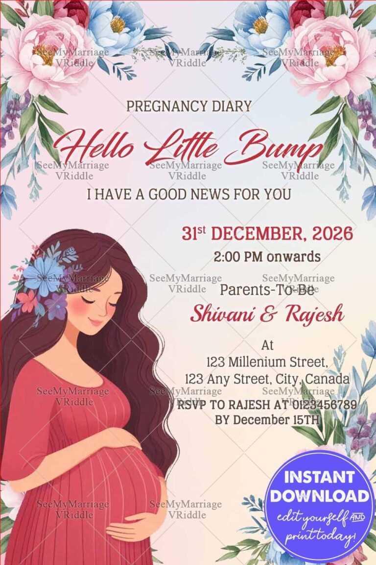 Bump Baby Pregnancy Announcement with Mom Illustration, Pink and Blue Flower