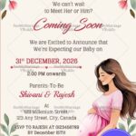 Mom Illustration Pregnancy Announcement with Couple's Holding a Baby Shoes and Flowers, Greenery