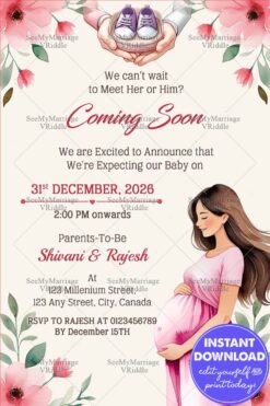 Mom Illustration Pregnancy Announcement with Couple's Holding a Baby Shoes and Flowers, Greenery