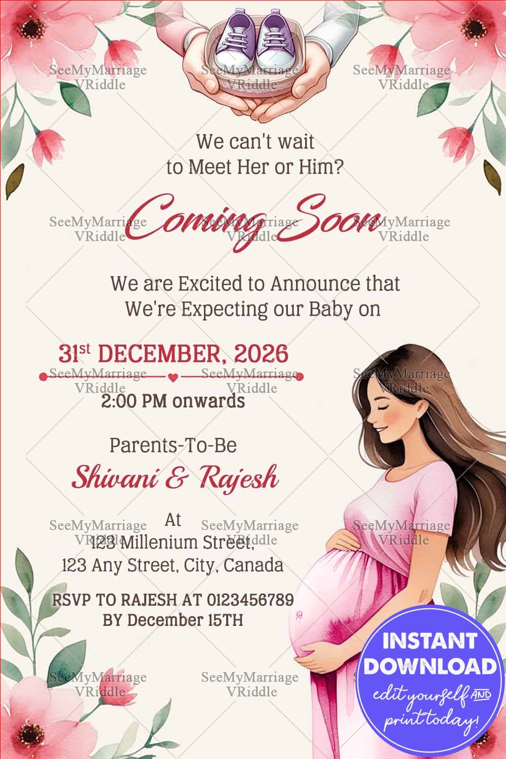Mom Illustration Pregnancy Announcement with Couple's Holding a Baby Shoes and Flowers, Greenery