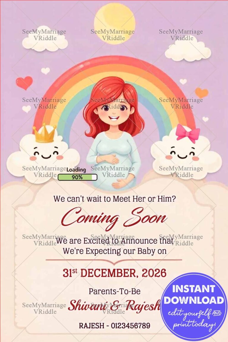 Whimsical Rainbow Pregnancy Announcement with Cute Cartoon Mom Design, Clouds and Hearts