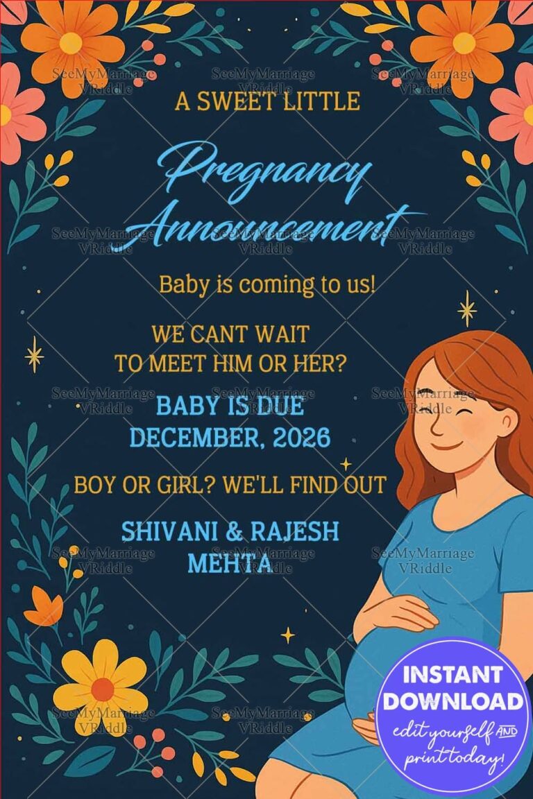 Playful Floral Pregnancy Announcement with Whimsical Design and Expecting Mom Illustration