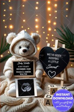 Cozy Secret Pregnancy Announcement with Cuddly Teddy and Lighted Background Ultrasound Photo