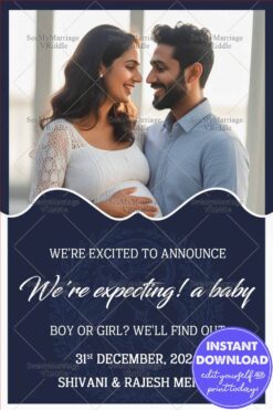 Couple Portrait Pregnancy Announcement with Navy Blue Theme and Baby Arrival Details