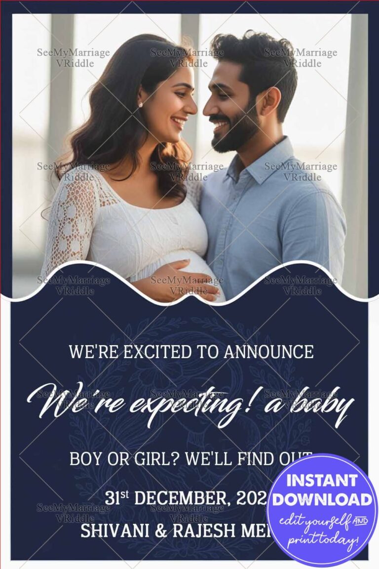 Couple Portrait Pregnancy Announcement with Navy Blue Theme and Baby Arrival Details