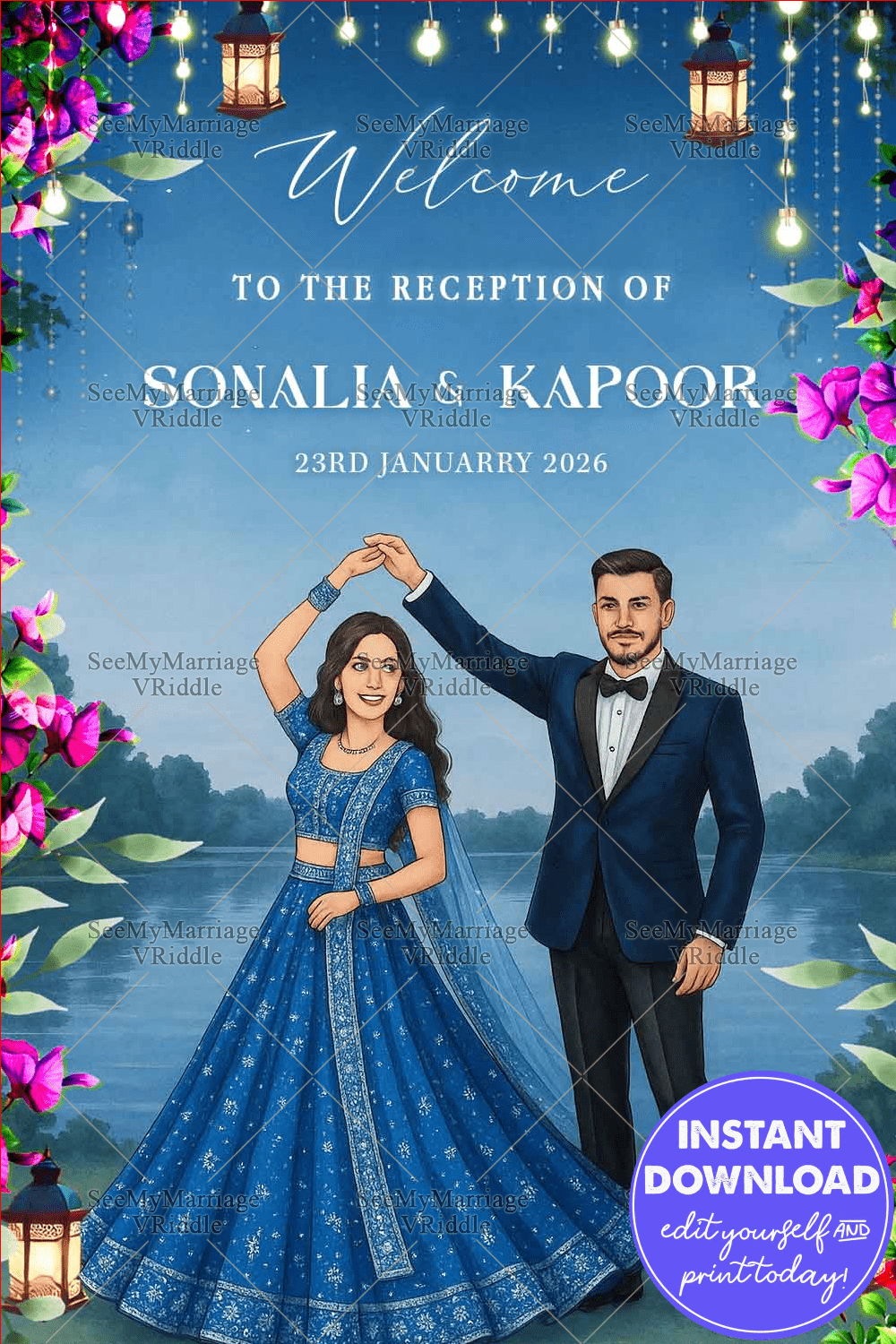 Reception Welcome Sign Board with Dancing Couple Illustration by the Lake in Floral & Lantern Theme