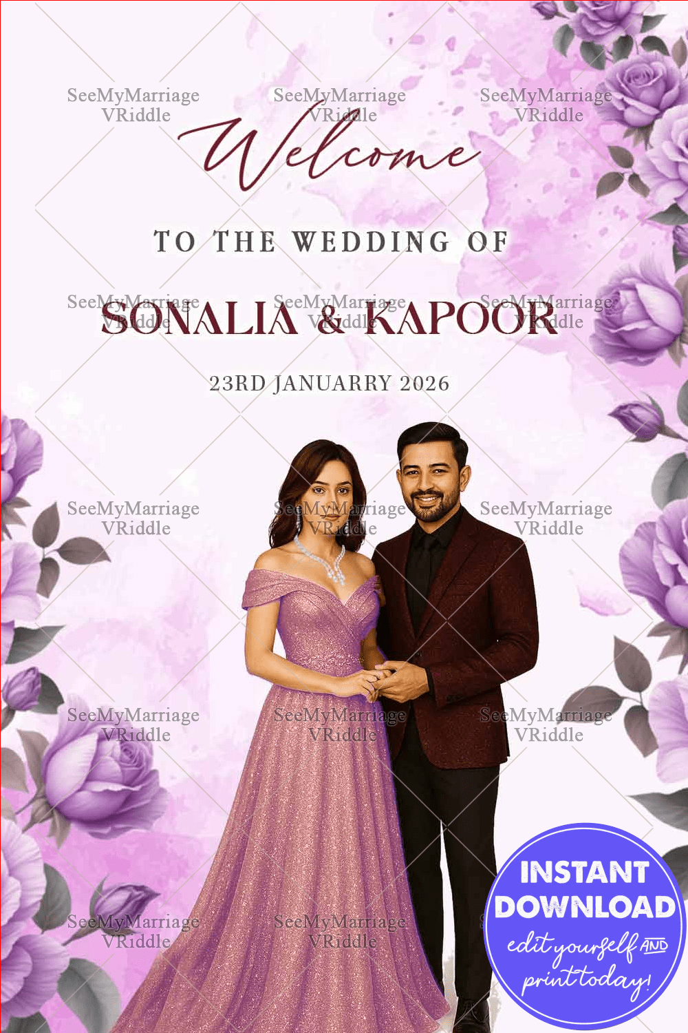 Welcome Sign Board for Wedding with Couple Caricature Illustration in Lavender Floral Theme