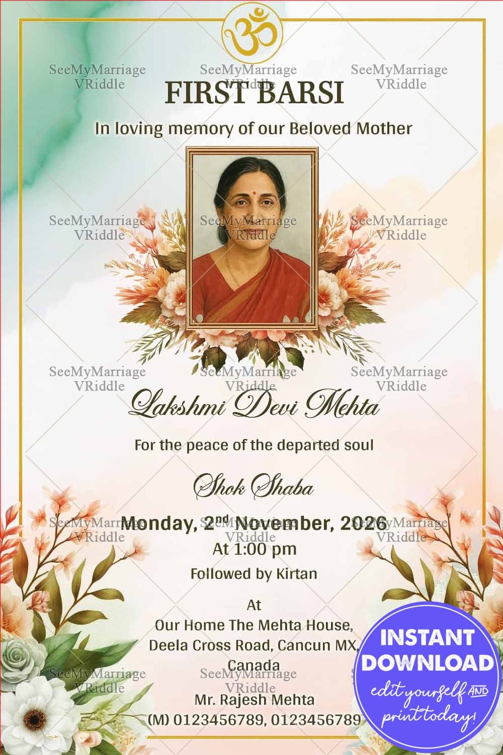 Hindu First Barsi Memorial Invitation Card with Add Photo and Floral Border