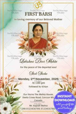 Hindu First Barsi Memorial Invitation Card with Add Photo and Floral Border