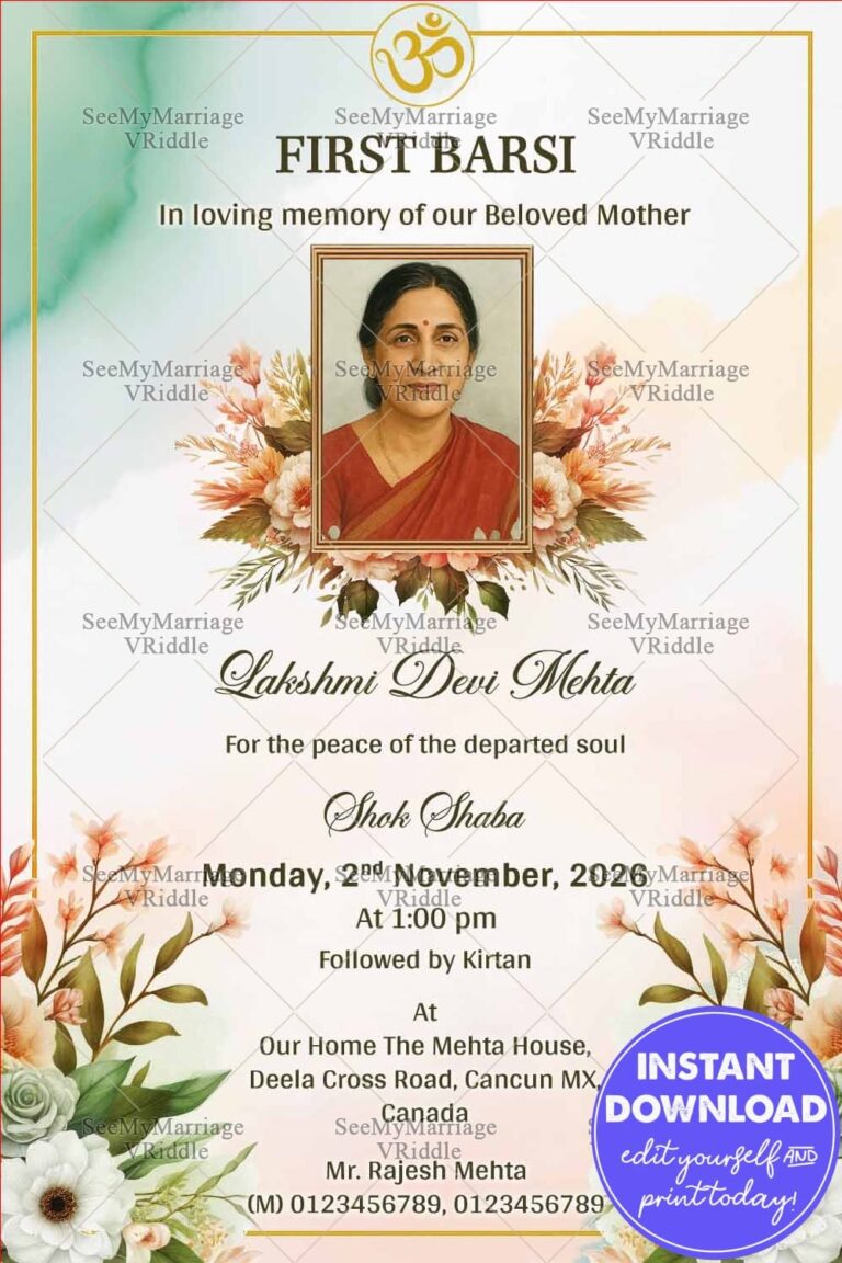 Hindu First Barsi Memorial Invitation Card with Add Photo and Floral Border