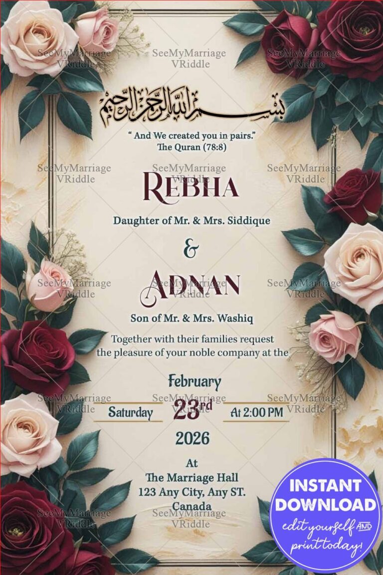 Cream and Rose Themed Nikah Invitation Card with Arabic Calligraphy and Floral Border
