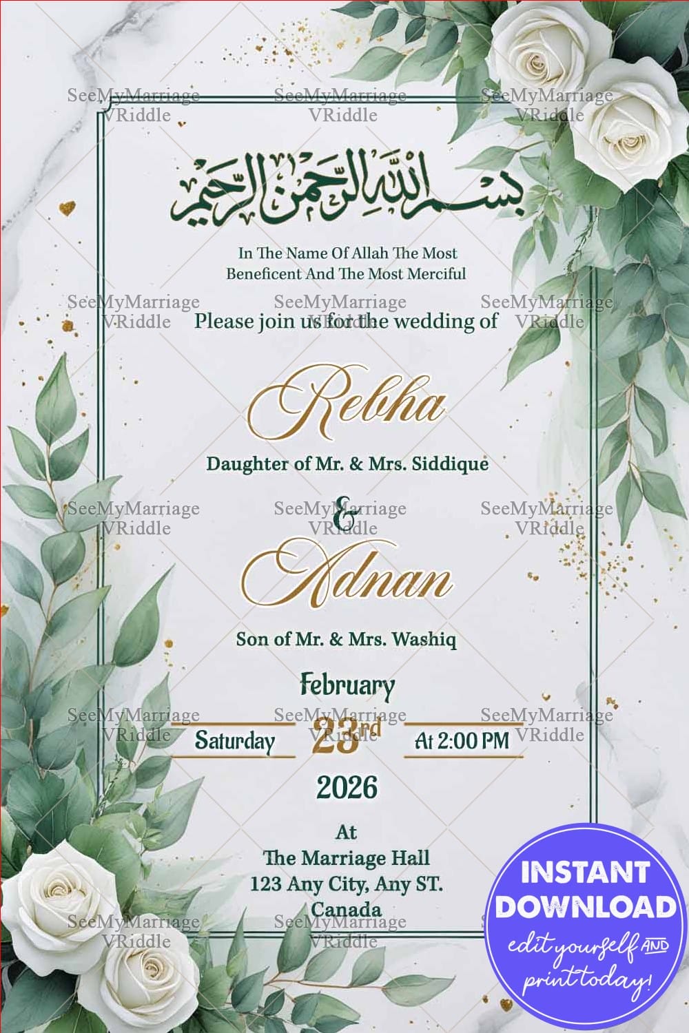 White Theme Islamic Wedding Invitation Card with White Roses and Greenery