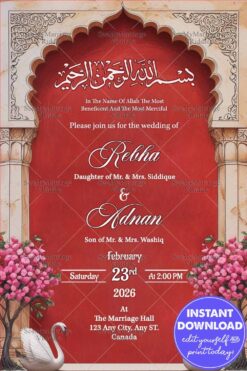 Mughal Arch Muslim Wedding Invitation Card with Blossoming Trees and White Swans