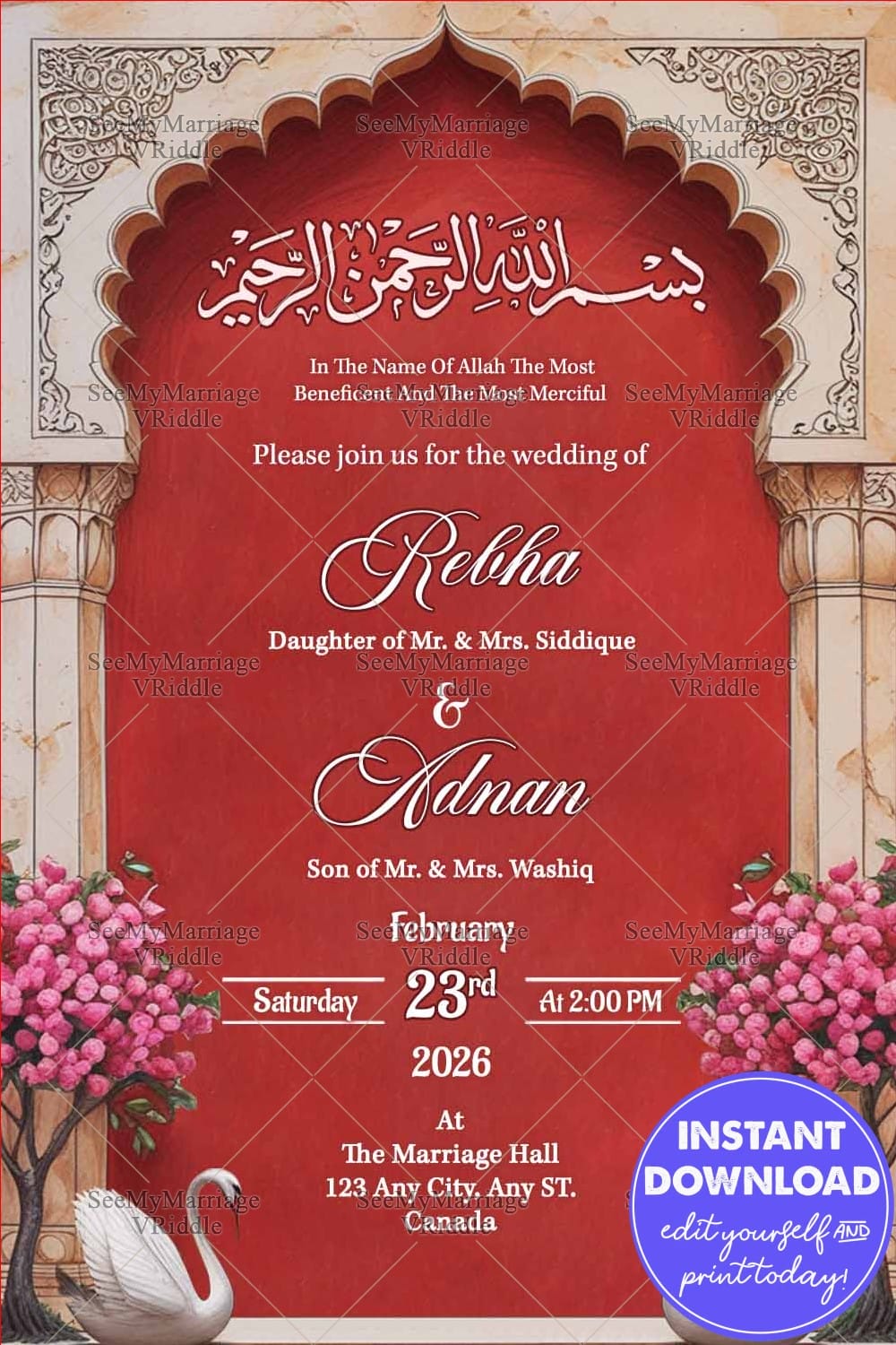 Mughal Arch Muslim Wedding Invitation Card with Blossoming Trees and White Swans