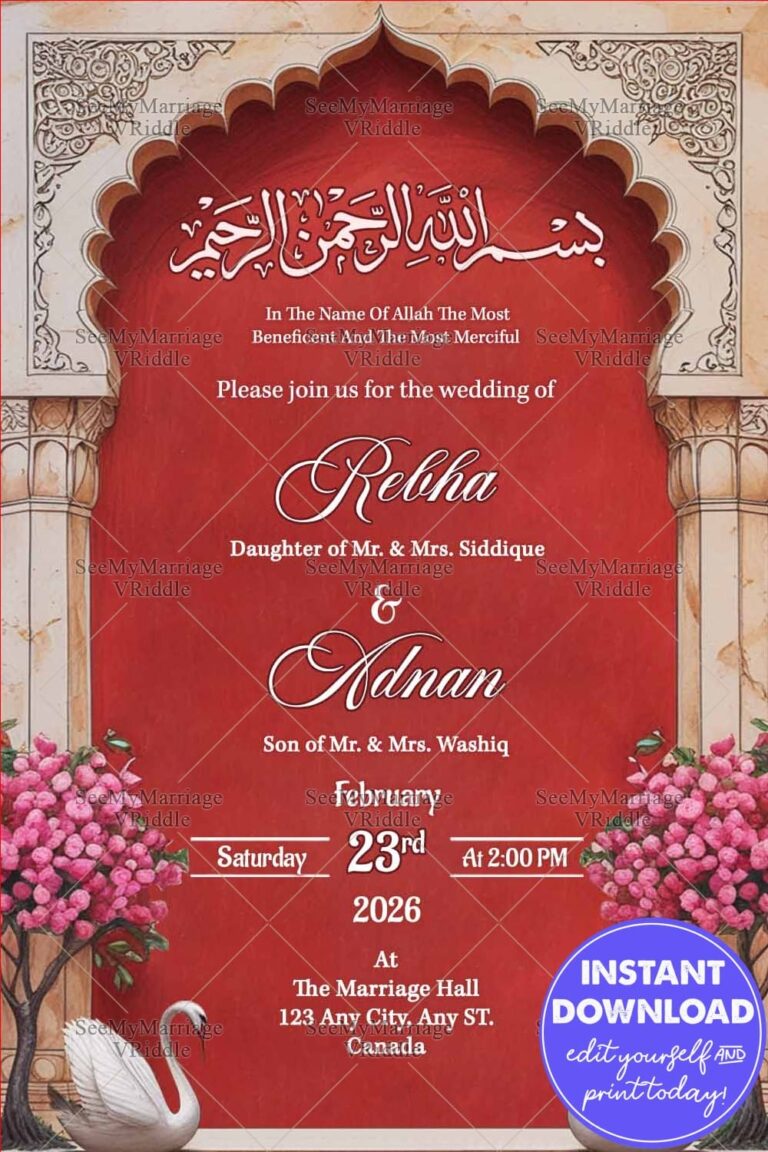 Mughal Arch Muslim Wedding Invitation Card with Blossoming Trees and White Swans