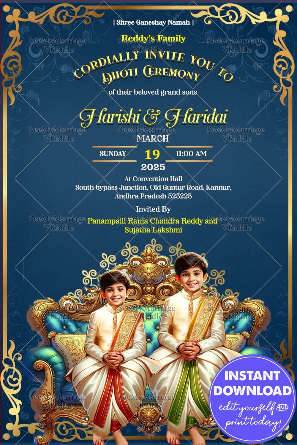 Twin Boys Dhoti Invitation Card with Rich Blue and Gold Theme, Ornamental Design