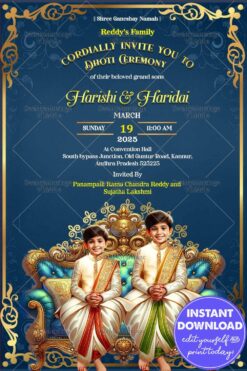 Twin Boys Dhoti Invitation Card with Rich Blue and Gold Theme, Ornamental Design
