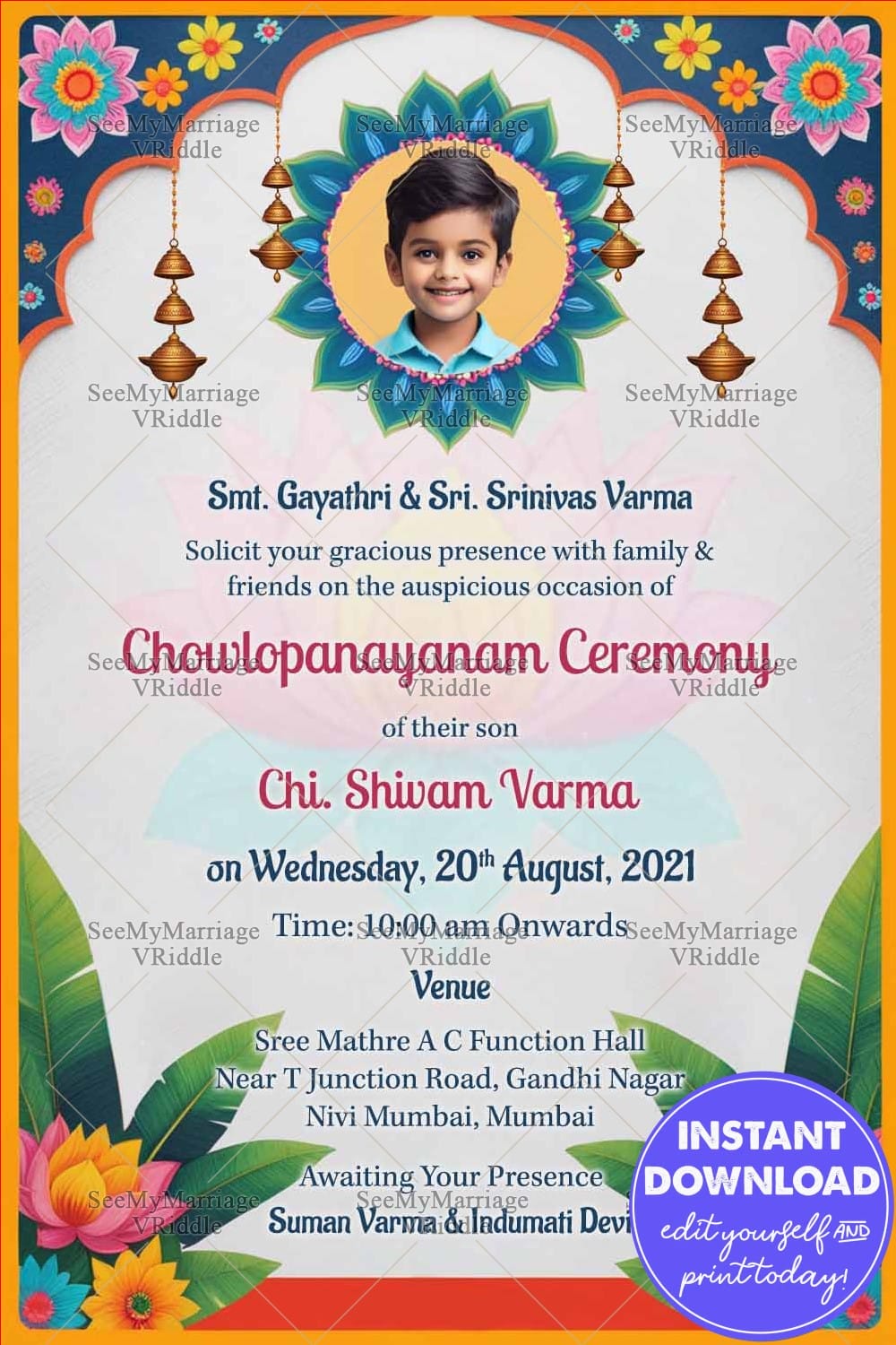 Chowlopanayanam Ceremony Card with Add Photo, Floral Theme, Banana Leaves and Flowers