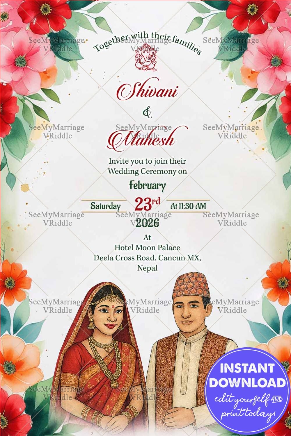 Nepali Wedding Invitation Card with Illustrated Bride-Groom and Vibrant Flower