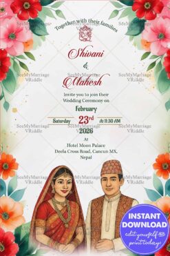 Nepali Wedding Invitation Card with Illustrated Bride-Groom and Vibrant Flower