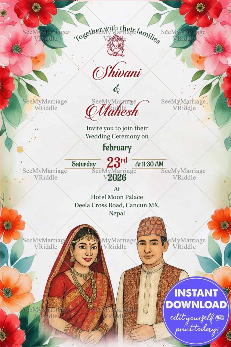 Nepali Wedding Invitation Card with Illustrated Bride-Groom and Vibrant Flower