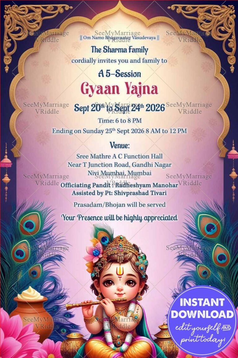Spiritual Gyaan Yajna Invitation Card with Baby Krishna Illustration, Peacock Feather and Butter Pot