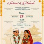 Temple Background Nepali Wedding Invitation Card with Illustrated Couple and Cultural Elements