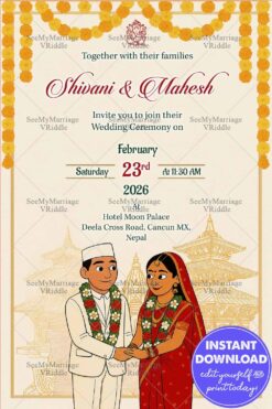 Temple Background Nepali Wedding Invitation Card with Illustrated Couple and Cultural Elements