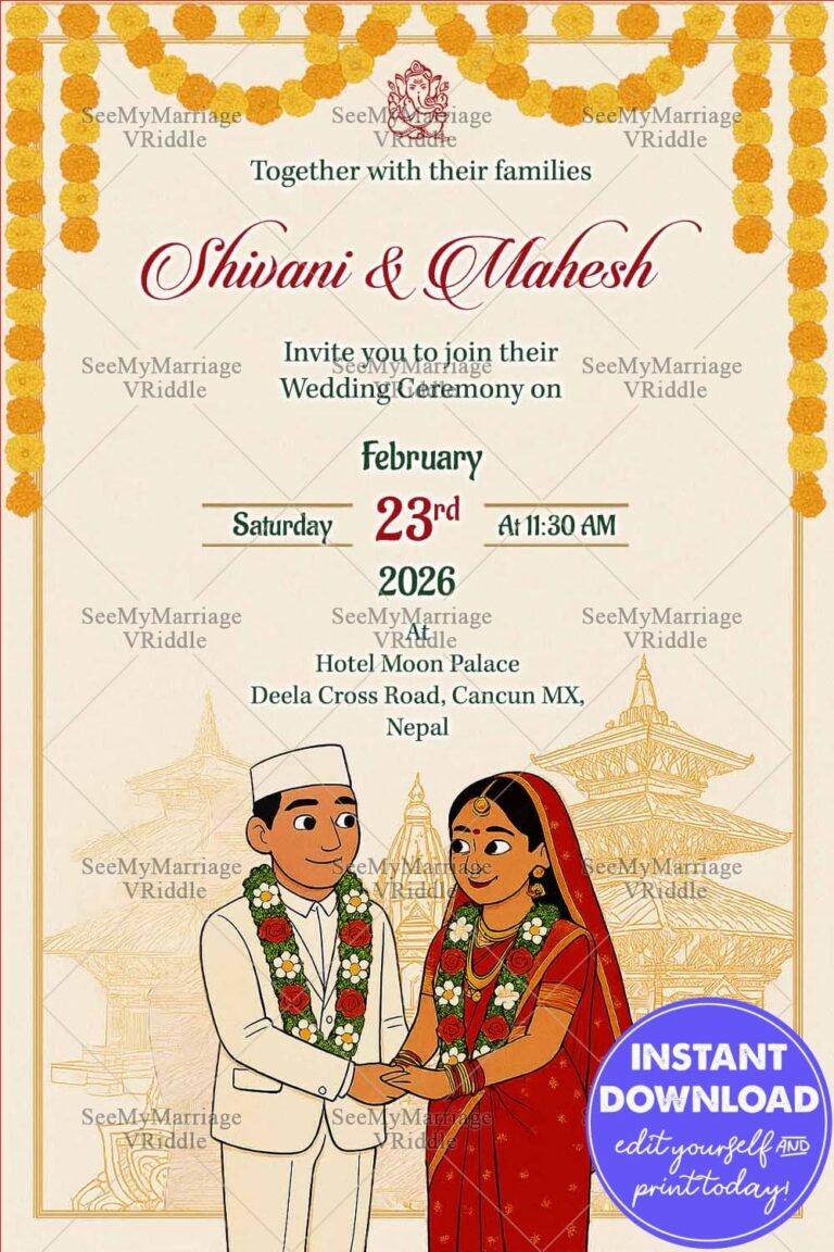 Temple Background Nepali Wedding Invitation Card with Illustrated Couple and Cultural Elements