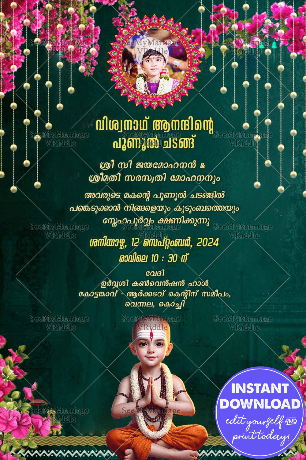 Traditional Malayalam Poonul Ceremony Invitation Card with Vedic Boy Illustration & Floral Hanging on Green Background