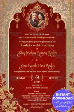 Red and Gold Theme Shastipoorthi Ceremony Card with Add Photo, Ornate Floral Design and Couple Portrait