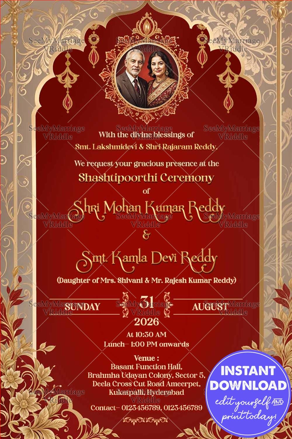 Red and Gold Theme Shastipoorthi Ceremony Card with Add Photo, Ornate Floral Design and Couple Portrait
