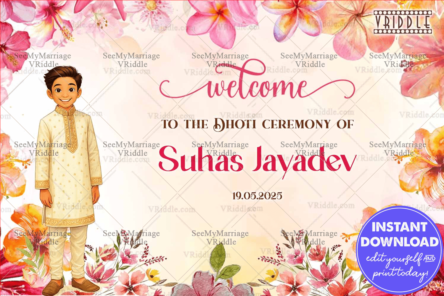 Dhoti Ceremony Welcome Sign Board with Cute Boy Illustration in Simple Yellow And Peach Floral Theme