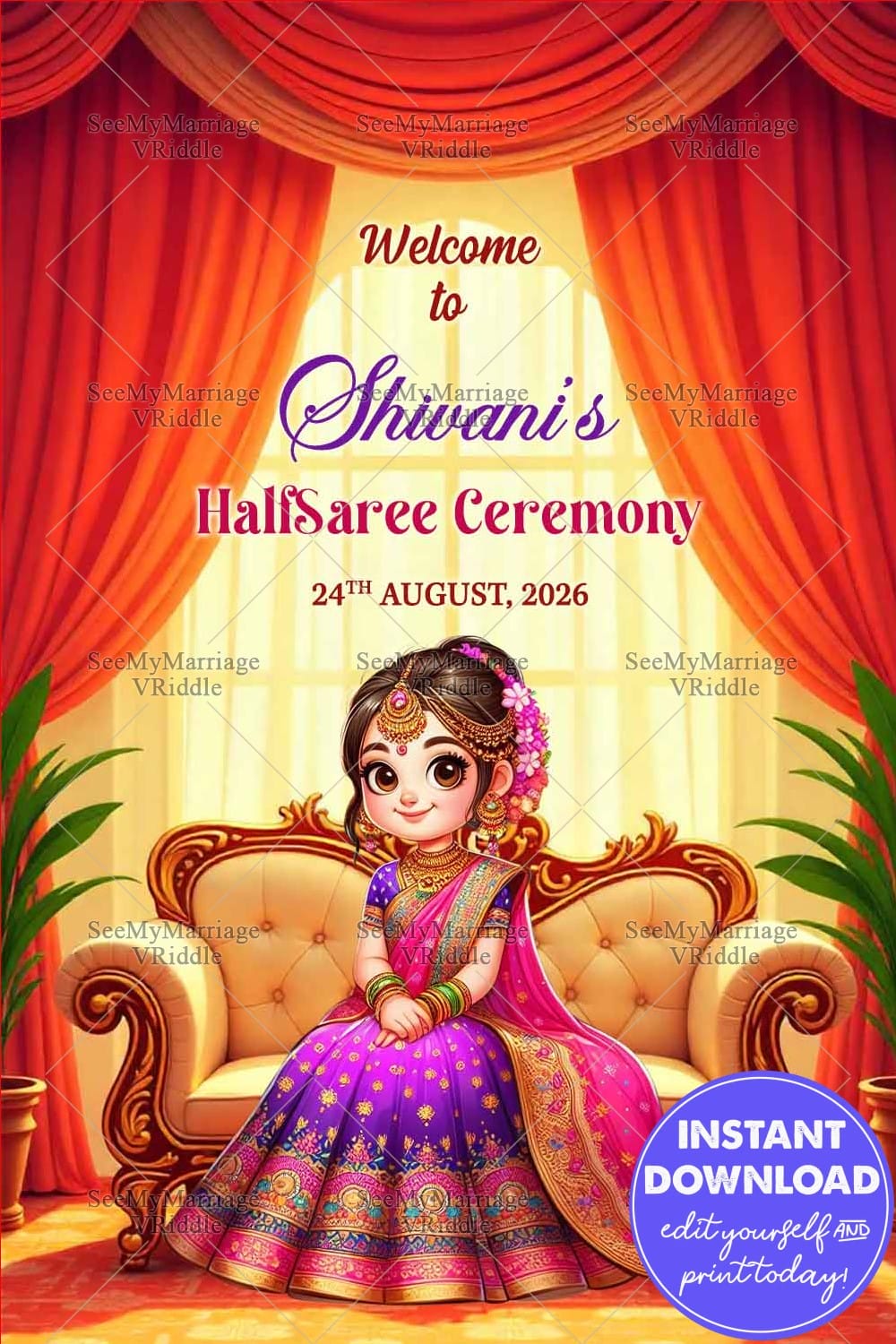 Animated Girl Welcome Sign Boards for Half Saree Ceremony with Ornate Decor, Sofa and Drapes