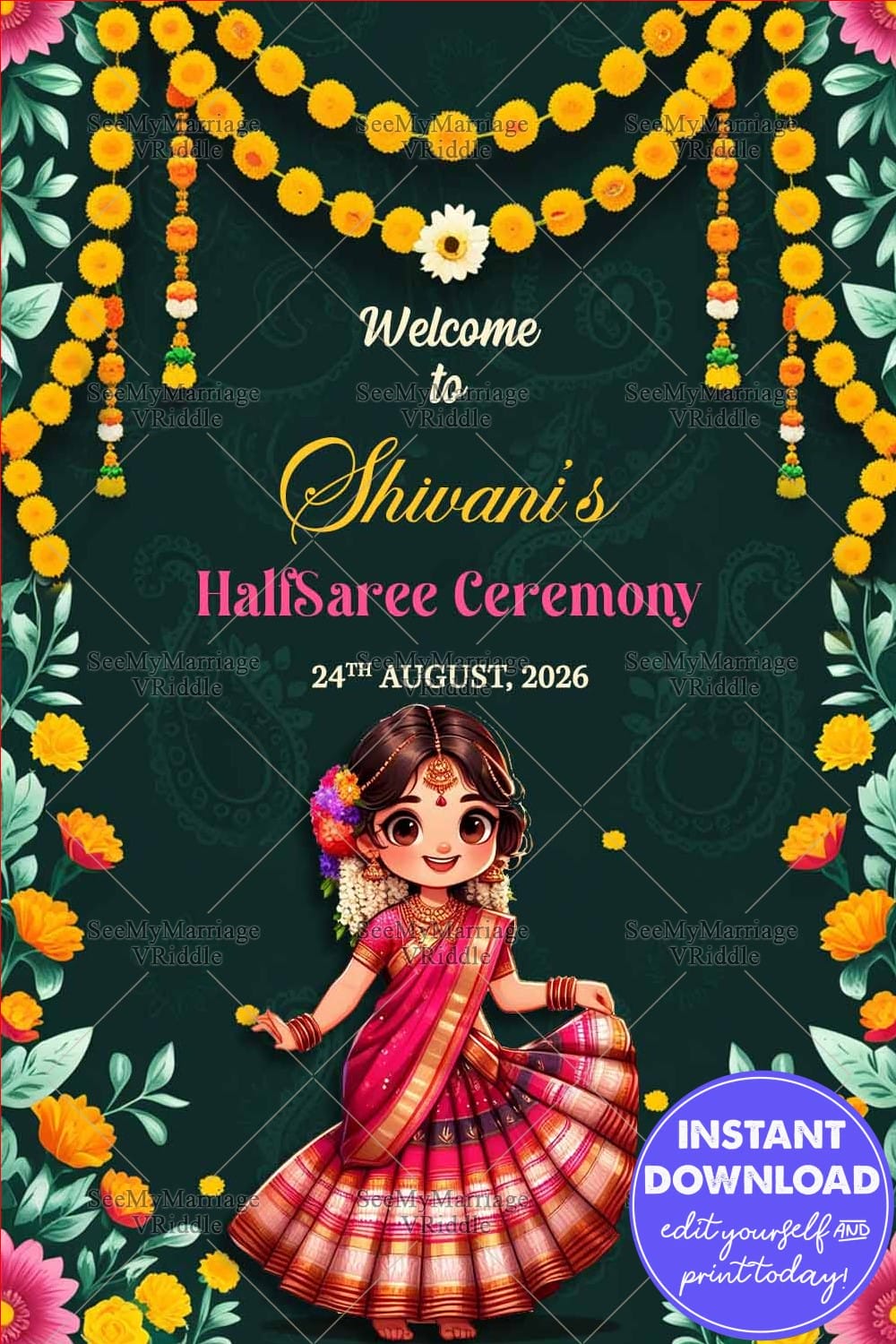 Deep Green Welcome Sign Boards for Half Saree Ceremony with Marigold Garlands