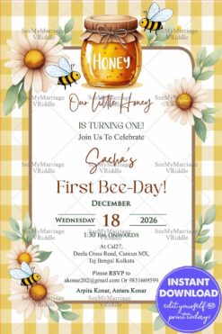 Buzzing First Birthday Invitation with Honeybee and Daisy Motif