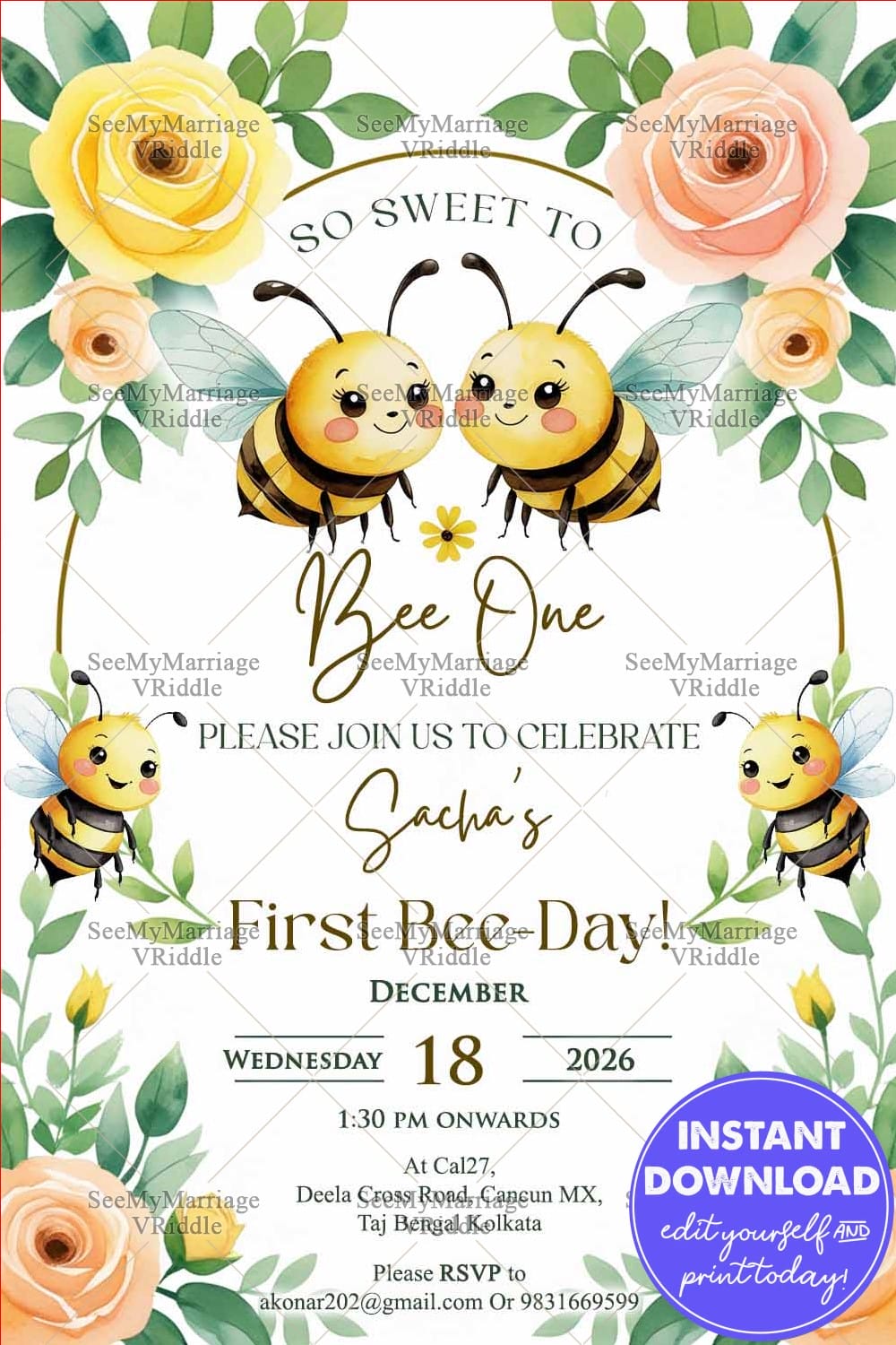 Bee Theme First Birthday Invitation with Leafy Greenery and Blush Blooms
