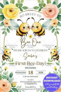 Bee Theme First Birthday Invitation with Leafy Greenery and Blush Blooms