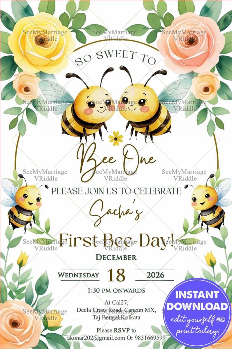 Bee Theme First Birthday Invitation with Leafy Greenery and Blush Blooms