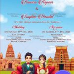 Two States Theme Wedding and Reception Invitation Card with Animated Couple and Temple Structure, South Indian Heritage Backdrop
