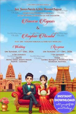 Two States Theme Wedding and Reception Invitation Card with Animated Couple and Temple Structure, South Indian Heritage Backdrop