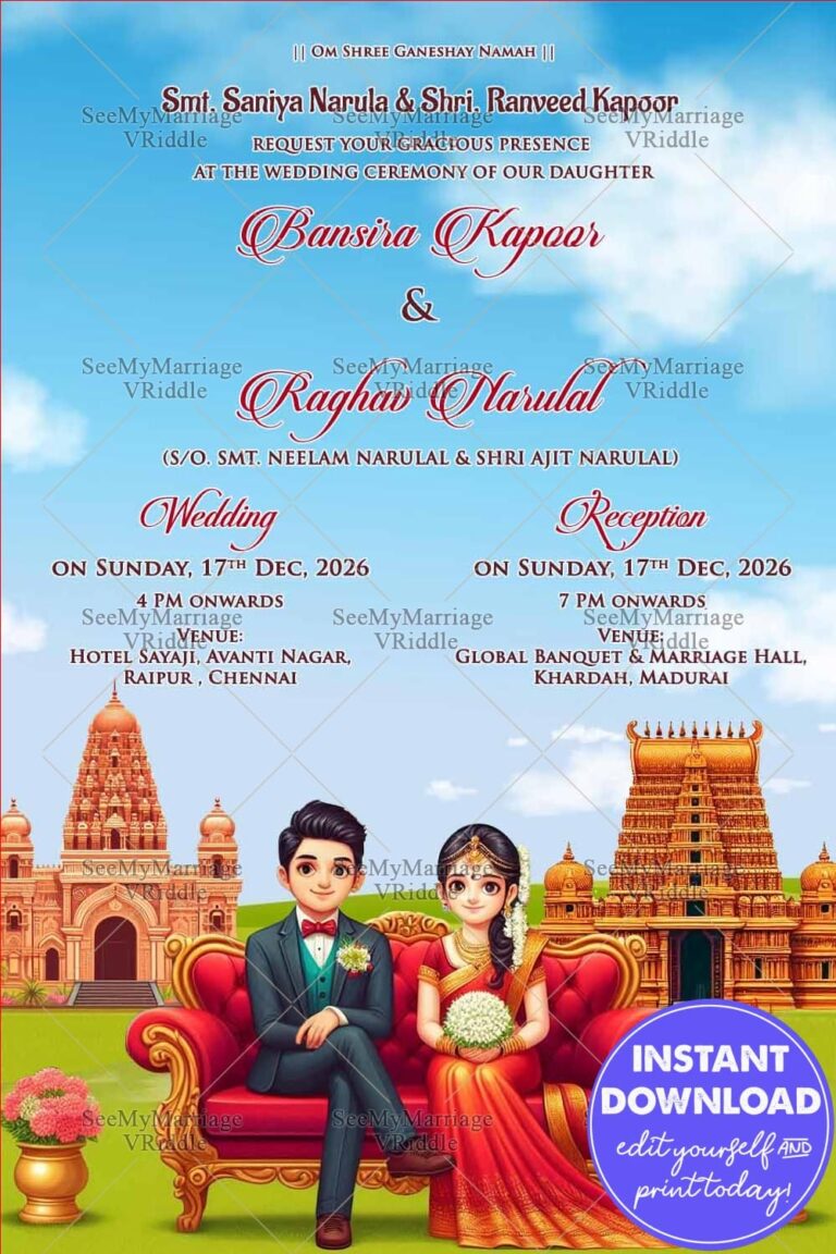 Two States Theme Wedding and Reception Invitation Card with Animated Couple and Temple Structure, South Indian Heritage Backdrop