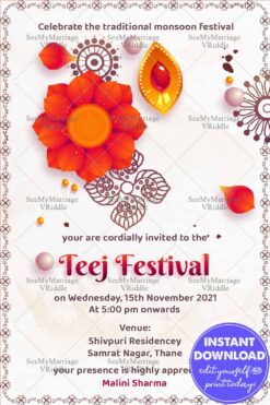 Mandala Teej Festival Invitation with Traditional Rangoli and Diya Design